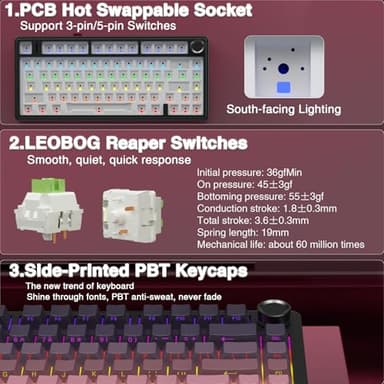 AULA F75 Pro Wireless Mechanical Keyboard,75% Hot Swappable Custom Keyboard,RGB Backlit,Pre-lubed Reaper Switches,Side Printed PBT Keycaps Mechanical Gaming Keyboards, Pink&Black - Image 6