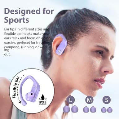 bmanl Wireless Earbuds Bluetooth Headphones 48hrs Play Back Sport Earphones with LED Display Over-Ear Buds with Earhooks Built-in Mic Headset for Workout Purple - Image 6