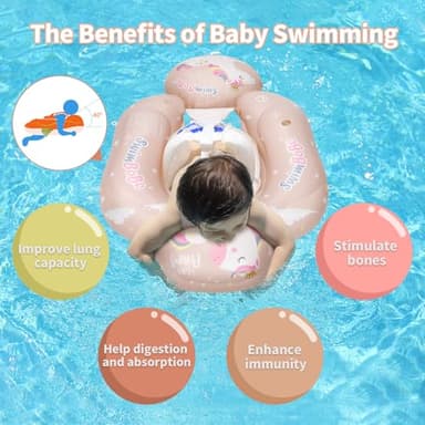 Free Swimming Baby Infant Pool Float with Sun Canopy Inflatable Baby Swimming Floatie with Sponge Safety Bottom Support Water Toys Swimming Trainer (Pink, Large) - Image 3