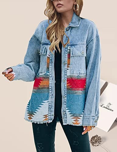Lumister Aztec Denim Jacket Distressed Lapel Long Sleeve Vintage Button Down Denim Jacket Shacket(0007-Blue-S) - Image 3