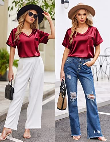 Ekouaer Silk Pajama for Women Short Sleeve Satin Pj Set Two Piece Soft Sleepwear Loungewear Casual Pjs for Summer Wine Red Medium - Image 3