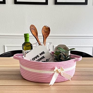 CHICVITA Pink Baby Girl Gift Basket, Small Woven Rope Basket, Rectangle Shelf Baskets for Bathroom, Cute Nursery Storage Baskets for Toys, Diapers, Towels, Snacks, 13 x 9.8 x 5 inches - Image 4