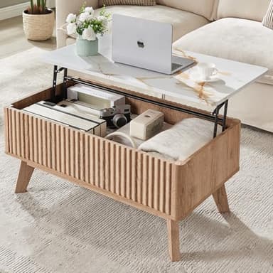Auzonimics Lift Top Coffee Table with Faux Marble Tabletop, Mid Century Modern Coffee Table for Living Room,Wooden Fluted Rising Pull up Entertainment Center with Hidden Storage Drawer for Office, Oak - Image 8