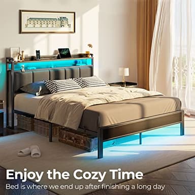 Rolanstar Queen Bed Frame with LED Lights, Upholstered Headboard, Charging Station, Storage Shelves, Heavy Duty Metal Slats, No Box Spring Needed, Noise Free, Easy Assembly, Dark Grey - Image 7