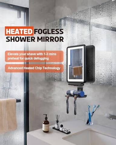 Widitn Heated Shower Mirror Fogless for Shaving, 3 Color Dimmable Lights Shower Mirror Fogless, Rechargeable Anti-Fog Shaving Mirror with Razor Holder, Storage Tray, Squeegee - Image 7