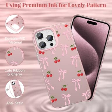 ZTOFERA for iPhone 15 Pro Max Case,Cute Pink Ribbon Bow Tie Planet Star Floral Aesthetic Phone Case,Trendy Slim Hard IMD Shockproof Protective Bumper Phone Cover for Women Girls,Cherry - Image 3