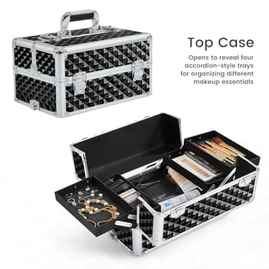 Yaheetech Rolling Makeup Train Case 3 in 1 Cosmetic Case Professional Makeup Suitcase Large Aluminum Cosmetic Trolley with Swivel Wheels and Key, Diamond Pattern- Black - Image 4