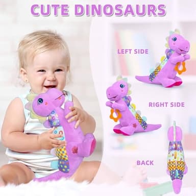 Baby Dino Musical Stuffed Animal Toys for 0-3-6-9-12 Months，Infant Dinosaur Tummy Time Toys with Crinkle Sound Paper，Teether，Textures & Rattles for Newborn Boys Girls Birthday Gifts，Purple - Image 6