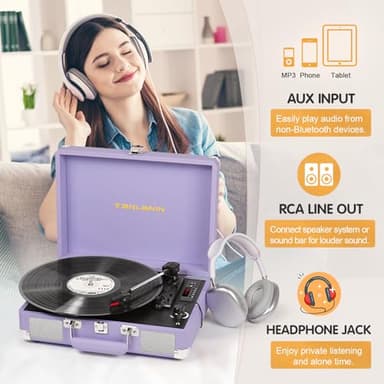 Vinyl Record Player with Built-in Speakers Vintage 3-Speed Portable Suitcase Bluetooth Turntables with USB Recording Belt-Driven LP Player Support AUX/RCA/Headphone Jack, Purple Leather - Image 6