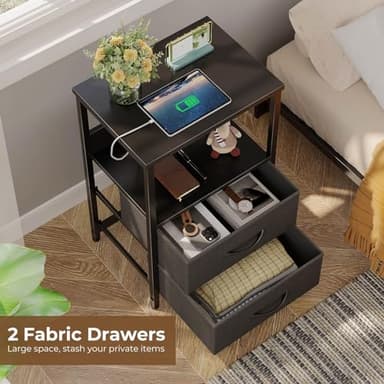 Seventable Nightstand with Charging Station, Bedside Table with LED Lights, Night Stand with 2 Fabric Drawers, 3-Tier Storage End Table for Bedroom, Black - Image 2