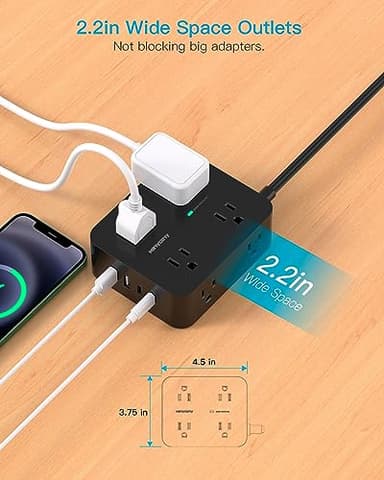 Power Strip Surge Protector, HANYCONY 5Ft Ultra Thin Flat Extension Cord with Multiple Outlets, 8 Widely Outlet Extender 4 USB Ports(2 USB C), 1080J Wall Mount for College Dorm Room Essentials Black - Image 5