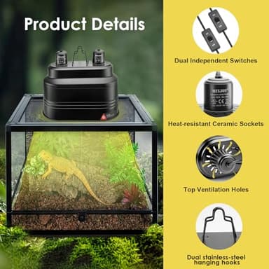 MIXJOY Dual Reptile Light Fixture, Max 160W Each Reptile Heat Lamp Fixture with Separate Switches, Fits Reptile Light/Heat Lamp/UVB Light for Lizards, Turtles, Snakes, and Amphibians - Image 2