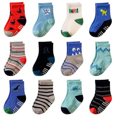 AMENLAN Toddler Non Slip Grips Socks Kids Anti Skid Baby Boys Girls Cotton Crew Socks 12 Pairs (Dinosaur B, 1-3 Years) - Image 1