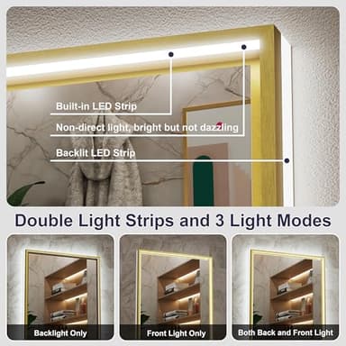 JSneijder 30x36 Inch Gold LED Bathroom Mirror with Front & Back Lights, Adjustable 3000K/4500K/6000K, Wall Mounted Lighted Bathroom Vanity Mirrors, Anti-Fog, Dimmable, Horizontal/Vertical - Image 2
