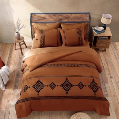 MAIREVE Burnt Orange Embroidery Comforters Set Queen Size - 7 Pieces, Farmhouse Western Bedding All Season, Bed in A Bag Queen Boho Comforter Set with Sheets, Pillowcases & Shams - Image 5