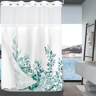 Tititex No Hooks Snap in Liner Teal Eucalyptus Leaves Shower Curtain Sets, Hotel Luxury Double Layers Waterproof Fabric & See-Through Top Window Bathroom Decorative 72x84 Inch - Image 3