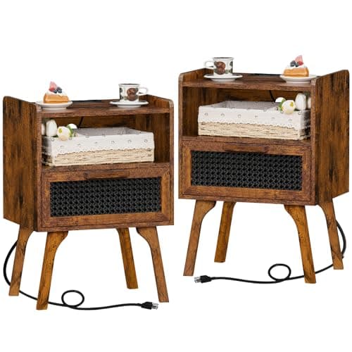 Lerliuo Rattan Nightstands Set of 2 with Charging Station, Boho Side Table with Drawer Open Shelf, Cane Accent Bedside End Table with Solid Wood Legs for Bedroom, Dorm and Small Spaces (Brown) - Image 1
