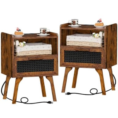 Lerliuo Rattan Nightstands Set of 2 with Charging Station, Boho Side Table with Drawer Open Shelf, Cane Accent Bedside End Table with Solid Wood Legs for Bedroom, Dorm and Small Spaces (Brown) - Image 1
