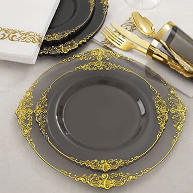 Nervure 175pcs Clear Black Plastic Plates - Gold Plastic Dinnerware Set for 25 Guests include 50 Disposable Plates,75 Gold Silverware,25 Cups,25 Napkins Perfect for Party&Independence Day - Image 2