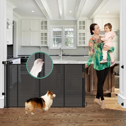 Reinforced 60" Wide Retractable Baby Gates with Upgraded Rods - Bottom Anti-Escape, 5 ft Mesh Baby Gate Retractable Dog Gate Indoor Pet Gate Retractable Stair Gate Outdoor Retractable Gate, Black - Image 1