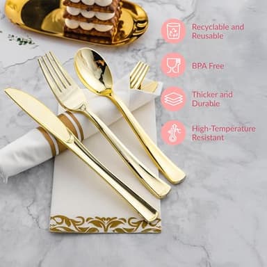 Prestee 400 Pieces Pre Rolled Gold Plastic Silverware Set for 100 Guests - Premium Disposable Silverware Set with Napkins - Wrapped Utensils with Forks, Knives, Spoons, Napkins for Weddings and Events - Image 5