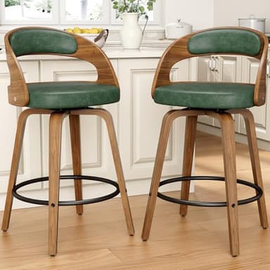 REONEY Swivel Bar Stools Set of 3, 26" Counter Height Bentwood Barstool, Mid-Century Modern PU Leather Upholstered Bar Chair with Back and Footrest, for Kitchen Island, Bar, Cafe, Dining Room, Green - Image 8