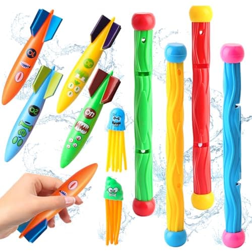Dive Rings Pool Toys Adults, 10 Pcs Diving Pool Toy for Kids Ages 4-8, Shark Torpedo Dive Set, Octopus Toddler Water Fun Toys, Summer Essentials Underwater Swimming Throwing Gifts for Boys & Girls - Image 1
