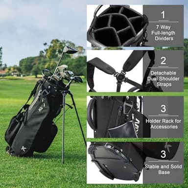 KVV Lightweight Golf Stand Bag with 7 Way Full-Length Dividers, 5 Zippered Pockets, Automatically Adjustable Dual Straps，Elegant Design(Black) - Image 3