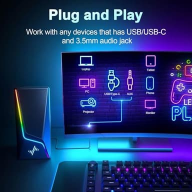 Nylavee Computer Speakers with Subwoofer, 2.1 Hi-Fi PC Speakers System with 6 Lighting Modes, Enhanced Bass, Plug and Play, USB/USB-C Powered and 3.5mm Aux in for Desktop, Monitor, Laptop, Tablet - Image 5