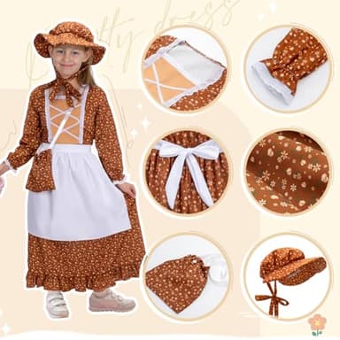 Meland Pioneer Dress for Girls - Colonial Floral Costume with Bonnet, Apron & Purse, Pionner Outfit for Girls 9-10 Years - Image 4