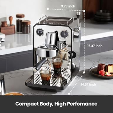 Gemilai Owl Espresso Machine, 15 Bar Professional Semi-Automatic Espresso Maker with Milk Frother Steam Wand & 57oz Removable Water Tank, Dual Display, for Cappuccino, Latte, G3006, Stainless Steel - Image 2