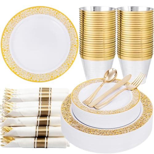 WELLIFE 175Pcs Gold Dinnerware Sets, Include:25 Dinner Plates, 25 Dessert Plates, 25 Paper Napkins, 25 Cups, 25 Plastic Cutlery Set - Image 1