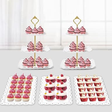PinCute 5 Pcs Dessert Table Display Set - 2 X Cupcake Stand Holder/Cup Cake Tier Tower & 3 X Serving Tray Combo for Tea Party, Birthday, Baby Shower (Wave Square) - Image 1