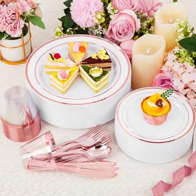 WELLIFE 600 PCS Rose Gold Disposable Dinnerware Set for 100 Guests, Valentine's Day Plate, 100 Each-Dinner & Salad Plates, Cups, Forks Knives Spoons for Wedding Reception and Mothers Day Plates - Image 4