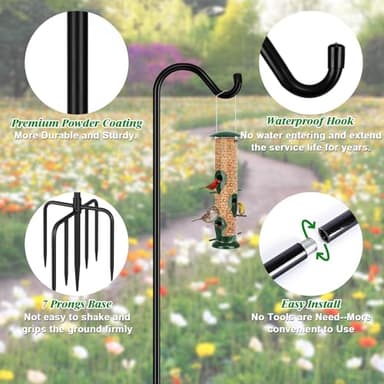 FEED GARDEN [Upgrade Version Adjustable Shepherds Hook Bird Feeder Pole with 7 Prongs Base, 76 Inch Tall Heavy Duty Outdoor Garden Poles for Hanging Bird Feeders, Plant Baskets, Black (1 Pack) - Image 2