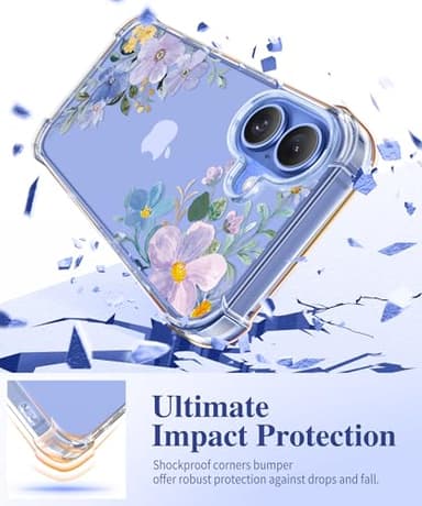 GVIEWIN for iPhone 16 Case, with Screen Protector & Camera Lens Protector, Floral Shockproof Protective Bumper Slim Soft Clear Phone Cover for Women 2024 6.1" (Violet Bloom/Blue) - Image 4