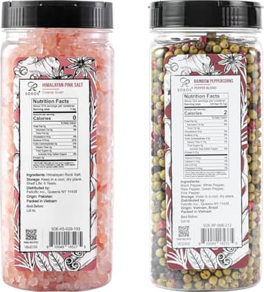 Soeos Himalayan Pink Salt and Rainbow Peppercorn Grinder Refills, 18oz Salt & 8oz Peppercorns, Kosher Seasoning Set for Cooking - Image 2