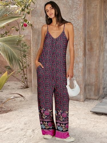 ANRABESS Women Jumpsuits 2025 Casual Sleeveless Spaghetti Strap Boho Wide Leg Rompers Dressy Summer Outfits Vacation Clothes Floral Purple Large - Image 5