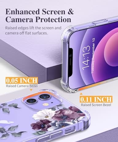 GVIEWIN for iPhone 12 Case and iPhone 12 Pro Case with Screen Protector + Camera Lens Protector, Clear Flexible TPU Shockproof Cover Women Girls Flower Pattern Phone Case 6.1 (Morning Glory/Purple) - Image 5