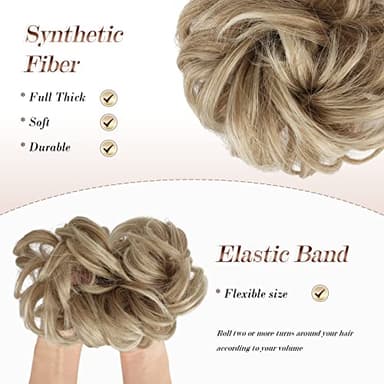 FESHFEN Messy Bun Hair Pieces - Large Wavy Curly Elastic Hair Bun Scrunchies Ponytail Extensions Synthetic Chignon Hairpieces for Women, Mixed Blonde and Ash Blonde Tips 1.94oz - Image 4