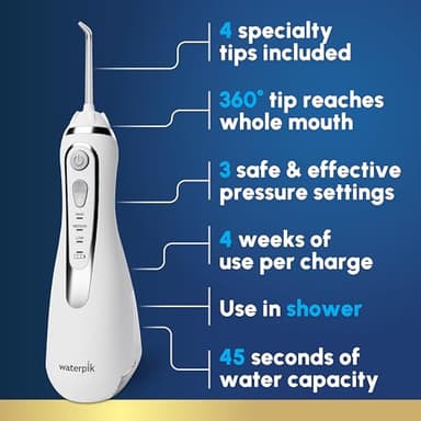 Waterpik Cordless Advanced 2.0 Water Flosser For Teeth, Gums, Braces, Dental Care With Travel Bag and 4 Tips, ADA Accepted, Rechargeable, Portable, and Waterproof, White WP-580, Packaging May Vary - Image 2