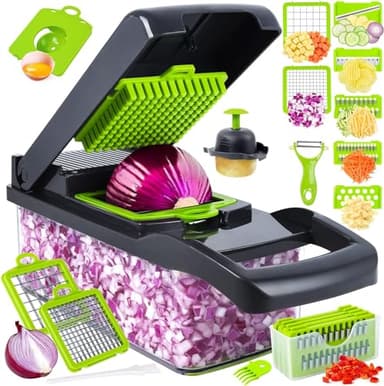 Vegetable Chopper, Pro Onion Chopper, 14 in 1Multifunctional Food Chopper, Kitchen Vegetable Slicer Dicer Cutter,Veggie Chopper With 8 Blades,Carrot and Garlic With Container (Gray) (Gray) - Image 1