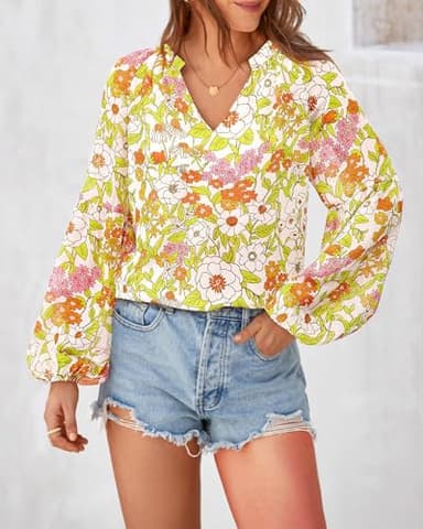 BTFBM Blouses for Women Dressy Casual Floral Boho Tops Trendy V Neck Lightweight Long Sleeve Shirts Fall Clothes 2025(Floral Yellow, Large) - Image 4