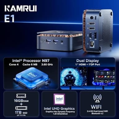 KAMRUI Essenx E1 Mini PC 12th N97 Mini Computers(Beat N150, up to 3.6GHz), Desktop Computers 16GB RAM 1TB SSD, Micro PC Computer Support 4K HDMI+DP, Desktop PC with Dual WiFi, Business Home Office - Image 3