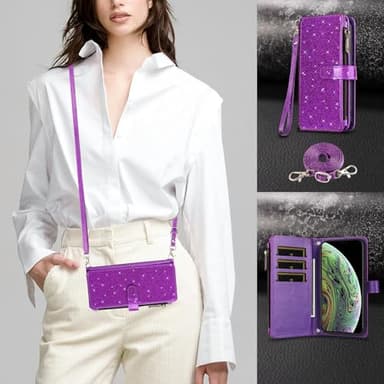 Asuwish Phone Case for iPhone Xs Max Wallet Cell Cover with Tempered Glass Screen Protector Strap Glitter Zipper Flip Credit Card Holder i X XR Xsmax 10x SX Xmax 10xs 10s 10 Plus Xmaxs Women Purple - Image 4