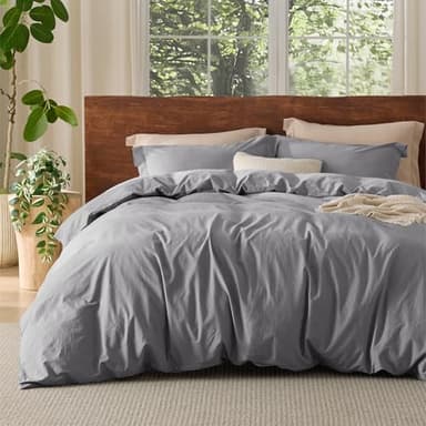 Bedsure 100% Washed Cotton Duvet Cover Queen Size - Gray Minimalist Cotton Duvet Cover Linen Like for All Seasons - GentleSoft™ Plain Simple Bedding (Gray, Queen, 90"x90") - Image 1