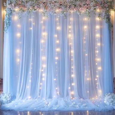 Baby Blue Sheer Tulle Backdrop Curtains with Lights String for Parites Baby Shower Decorations for Boy Bridal Shower Birthday Party Photo Shoot Background Wall Decorations 10×8ft(2 Panels 5×8ft) - Image 1