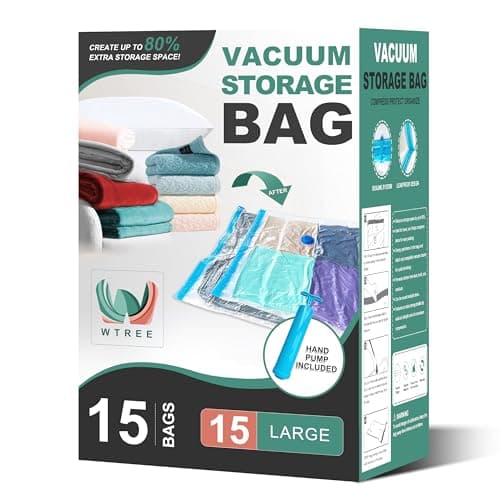 WTREE Vacuum Storage Bags, Space Saver Bags, Vacuum Sealed Bags for Comforters, Blankets, Clothes Storage, Hand Pump Included, 15-Large - Image 1