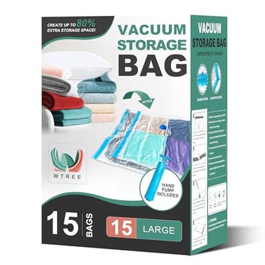 WTREE Vacuum Storage Bags, Space Saver Bags, Vacuum Sealed Bags for Comforters, Blankets, Clothes Storage, Hand Pump Included, 15-Large - Image 1