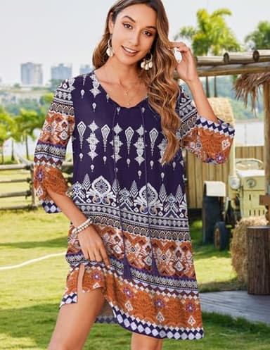 Zeagoo Women's Half Sleeve Floral Print Retro V Neck Tassel Bohemian Midi Shift Dress Holiday Beach Dresses Tunic Sun Dress Navy XL - Image 3